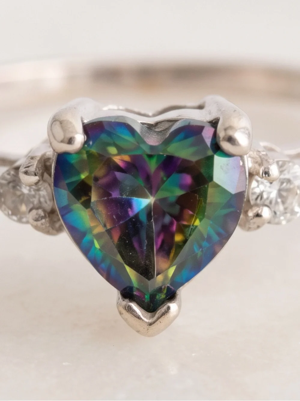 Sterling Silver Dainty Heart Shape Mystic Topaz Ring Size 5